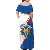 Scotland Blue Tartan Family Matching Off Shoulder Maxi Dress and Hawaiian Shirt with Crest and Saltire Shield Design - Wonder Print Shop