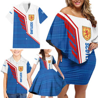 Scotland Blue Tartan Family Matching Off Shoulder Short Dress and Hawaiian Shirt with Crest and Saltire Shield Design - Wonder Print Shop