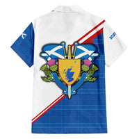 Scotland Blue Tartan Family Matching Off Shoulder Short Dress and Hawaiian Shirt with Crest and Saltire Shield Design - Wonder Print Shop
