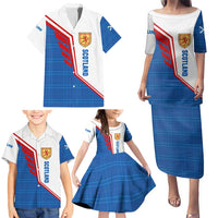 Scotland Blue Tartan Family Matching Puletasi and Hawaiian Shirt with Crest and Saltire Shield Design - Wonder Print Shop