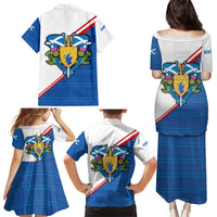 Scotland Blue Tartan Family Matching Puletasi and Hawaiian Shirt with Crest and Saltire Shield Design - Wonder Print Shop