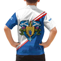 Scotland Blue Tartan Family Matching Short Sleeve Bodycon Dress and Hawaiian Shirt with Crest and Saltire Shield Design - Wonder Print Shop