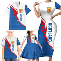 Scotland Blue Tartan Family Matching Short Sleeve Bodycon Dress and Hawaiian Shirt with Crest and Saltire Shield Design - Wonder Print Shop