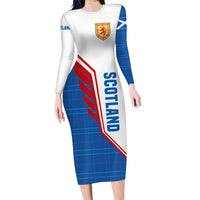 Scotland Blue Tartan Long Sleeve Bodycon Dress with Crest and Saltire Shield Design - Wonder Print Shop