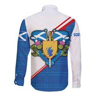Scotland Blue Tartan Long Sleeve Button Shirt with Crest and Saltire Shield Design - Wonder Print Shop