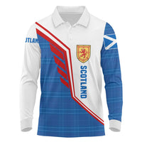 Scotland Blue Tartan Long Sleeve Polo Shirt with Crest and Saltire Shield Design - Wonder Print Shop