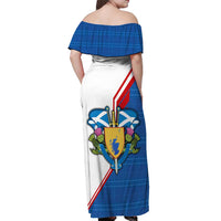 Scotland Blue Tartan Off Shoulder Maxi Dress with Crest and Saltire Shield Design - Wonder Print Shop