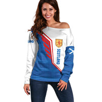 Scotland Blue Tartan Off Shoulder Sweater with Crest and Saltire Shield Design - Wonder Print Shop