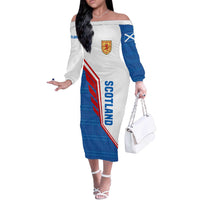 Scotland Blue Tartan Off The Shoulder Long Sleeve Dress with Crest and Saltire Shield Design - Wonder Print Shop