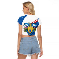 Scotland Blue Tartan Raglan Cropped T Shirt with Crest and Saltire Shield Design - Wonder Print Shop