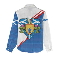 Scotland Blue Tartan Women Casual Shirt with Crest and Saltire Shield Design - Wonder Print Shop