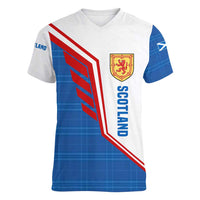 Scotland Blue Tartan Women V-Neck T-Shirt with Crest and Saltire Shield Design - Wonder Print Shop