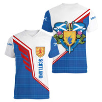 Scotland Blue Tartan Women V-Neck T-Shirt with Crest and Saltire Shield Design - Wonder Print Shop