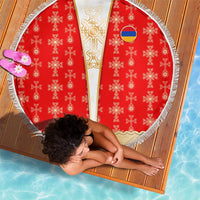 Armenian Traditional Red Beach Blanket with Gold Cross Pattern and Flag Crest - Wonder Print Shop