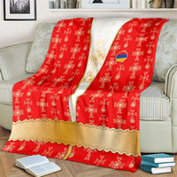 Armenian Traditional Red Blanket with Gold Cross Pattern and Flag Crest - Wonder Print Shop