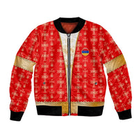 Armenian Traditional Red Bomber Jacket with Gold Cross Pattern and Flag Crest - Wonder Print Shop