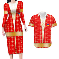 Armenian Traditional Red Couples Matching Long Sleeve Bodycon Dress and Hawaiian Shirt with Gold Cross Pattern and Flag Crest - Wonder Print Shop