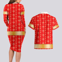 Armenian Traditional Red Couples Matching Long Sleeve Bodycon Dress and Hawaiian Shirt with Gold Cross Pattern and Flag Crest - Wonder Print Shop
