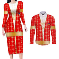 Armenian Traditional Red Couples Matching Long Sleeve Bodycon Dress and Long Sleeve Button Shirt with Gold Cross Pattern and Flag Crest - Wonder Print Shop