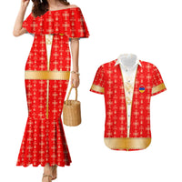 Armenian Traditional Red Couples Matching Mermaid Dress and Hawaiian Shirt with Gold Cross Pattern and Flag Crest - Wonder Print Shop