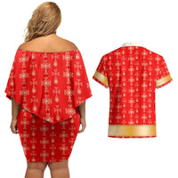 Armenian Traditional Red Couples Matching Off Shoulder Short Dress and Hawaiian Shirt with Gold Cross Pattern and Flag Crest - Wonder Print Shop
