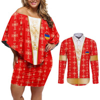 Armenian Traditional Red Couples Matching Off Shoulder Short Dress and Long Sleeve Button Shirt with Gold Cross Pattern and Flag Crest - Wonder Print Shop