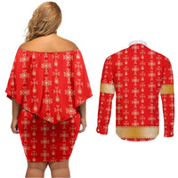 Armenian Traditional Red Couples Matching Off Shoulder Short Dress and Long Sleeve Button Shirt with Gold Cross Pattern and Flag Crest - Wonder Print Shop