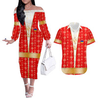Armenian Traditional Red Couples Matching Off The Shoulder Long Sleeve Dress and Hawaiian Shirt with Gold Cross Pattern and Flag Crest - Wonder Print Shop