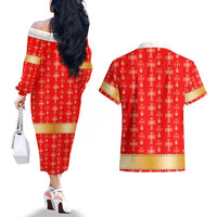 Armenian Traditional Red Couples Matching Off The Shoulder Long Sleeve Dress and Hawaiian Shirt with Gold Cross Pattern and Flag Crest - Wonder Print Shop