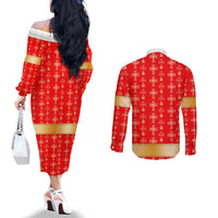 Armenian Traditional Red Couples Matching Off The Shoulder Long Sleeve Dress and Long Sleeve Button Shirt with Gold Cross Pattern and Flag Crest - Wonder Print Shop