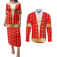 Armenian Traditional Red Couples Matching Puletasi and Long Sleeve Button Shirt with Gold Cross Pattern and Flag Crest - Wonder Print Shop