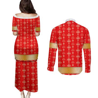 Armenian Traditional Red Couples Matching Puletasi and Long Sleeve Button Shirt with Gold Cross Pattern and Flag Crest - Wonder Print Shop