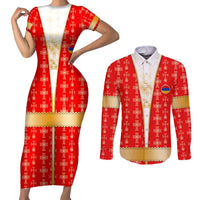 Armenian Traditional Red Couples Matching Short Sleeve Bodycon Dress and Long Sleeve Button Shirt with Gold Cross Pattern and Flag Crest - Wonder Print Shop