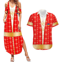 Armenian Traditional Red Couples Matching Summer Maxi Dress and Hawaiian Shirt with Gold Cross Pattern and Flag Crest - Wonder Print Shop