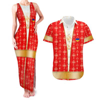 Armenian Traditional Red Couples Matching Tank Maxi Dress and Hawaiian Shirt with Gold Cross Pattern and Flag Crest - Wonder Print Shop