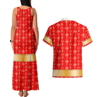 Armenian Traditional Red Couples Matching Tank Maxi Dress and Hawaiian Shirt with Gold Cross Pattern and Flag Crest - Wonder Print Shop