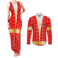Armenian Traditional Red Couples Matching Tank Maxi Dress and Long Sleeve Button Shirt with Gold Cross Pattern and Flag Crest - Wonder Print Shop