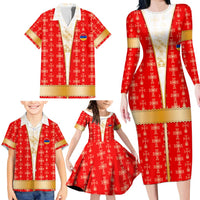 Armenian Traditional Red Family Matching Long Sleeve Bodycon Dress and Hawaiian Shirt with Gold Cross Pattern and Flag Crest - Wonder Print Shop
