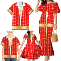 Armenian Traditional Red Family Matching Mermaid Dress and Hawaiian Shirt with Gold Cross Pattern and Flag Crest - Wonder Print Shop