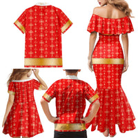 Armenian Traditional Red Family Matching Mermaid Dress and Hawaiian Shirt with Gold Cross Pattern and Flag Crest - Wonder Print Shop