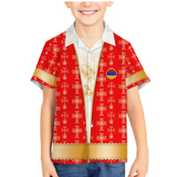 Armenian Traditional Red Family Matching Mermaid Dress and Hawaiian Shirt with Gold Cross Pattern and Flag Crest - Wonder Print Shop