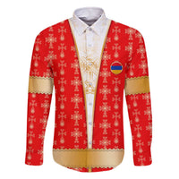 Armenian Traditional Red Family Matching Off The Shoulder Long Sleeve Dress and Hawaiian Shirt with Gold Cross Pattern and Flag Crest - Wonder Print Shop