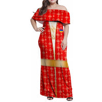 Armenian Traditional Red Family Matching Off Shoulder Maxi Dress and Hawaiian Shirt with Gold Cross Pattern and Flag Crest - Wonder Print Shop