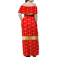 Armenian Traditional Red Family Matching Off Shoulder Maxi Dress and Hawaiian Shirt with Gold Cross Pattern and Flag Crest - Wonder Print Shop