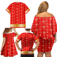 Armenian Traditional Red Family Matching Off Shoulder Short Dress and Hawaiian Shirt with Gold Cross Pattern and Flag Crest - Wonder Print Shop