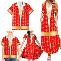 Armenian Traditional Red Family Matching Summer Maxi Dress and Hawaiian Shirt with Gold Cross Pattern and Flag Crest - Wonder Print Shop