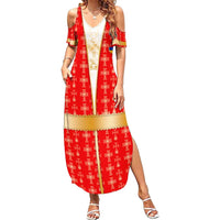 Armenian Traditional Red Family Matching Summer Maxi Dress and Hawaiian Shirt with Gold Cross Pattern and Flag Crest - Wonder Print Shop