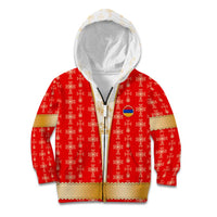 Armenian Traditional Red Kid Hoodie with Gold Cross Pattern and Flag Crest - Wonder Print Shop