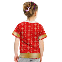 Armenian Traditional Red Kid T Shirt with Gold Cross Pattern and Flag Crest - Wonder Print Shop