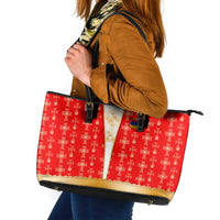 Armenian Traditional Red Leather Tote Bag with Gold Cross Pattern and Flag Crest - Wonder Print Shop